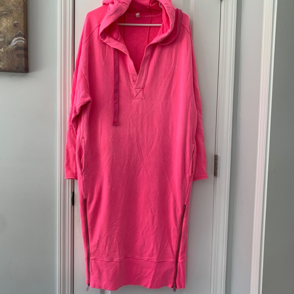 FP Movement Free People Neon Pink Hooded Sweatshirt Dress Side Zips S